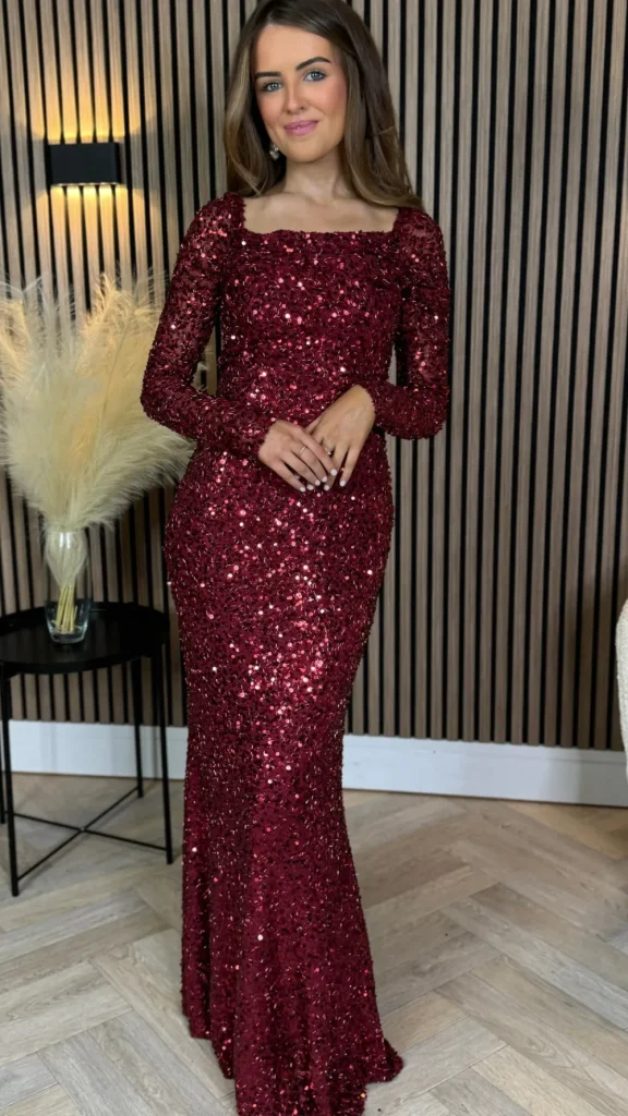VERA LUCY Fitted Dresses | Going Out Dresses^Rio Red Sequin Detail Off Shoulder Long Sleeve Maxi Dress