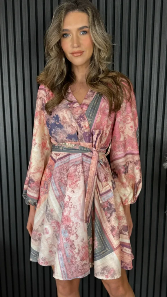 TIMELY Going Out Dresses | Occasion Dresses^Riona Pink & Green Printed Wrap Style Mini Dress
