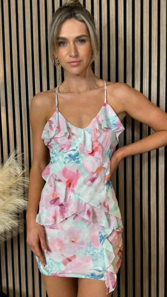COPPEROSE Going Out Dresses | Occasion Dresses^Rosabella Blue & Pink Ruffle Frill Detail Mini Dress