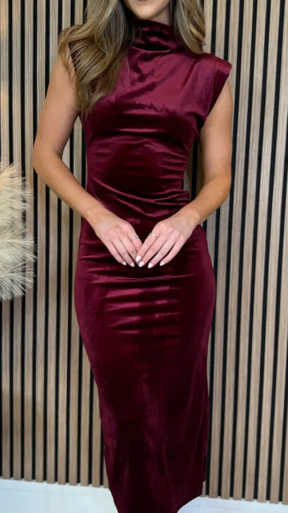 LORIANE Going Out Dresses | Occasion Dresses^Rosalia Burgundy High Neck Velvet Finish Sleeveless Midi Dress