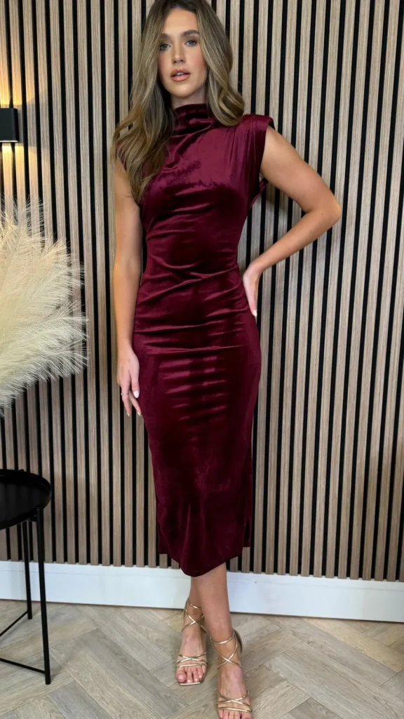 LORIANE Going Out Dresses | Occasion Dresses^Rosalia Burgundy High Neck Velvet Finish Sleeveless Midi Dress