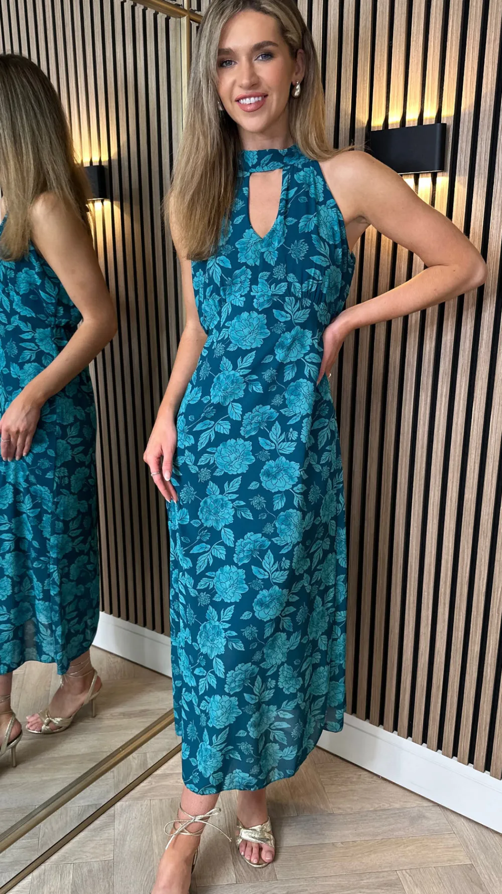 rosalie_teal_printed_halt_0.webp LORIANE Going Out Dresses | Occasion Dresses^Rosalie Teal Printed Halterneck Tie Detail Midi Dress