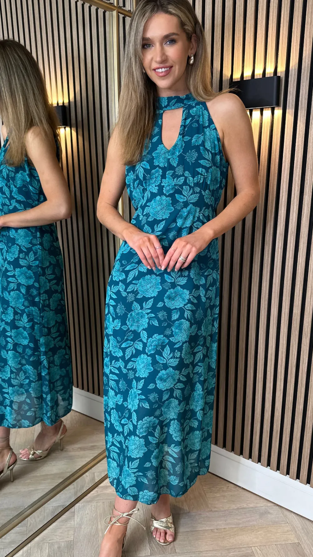 rosalie_teal_printed_halt_1.webp LORIANE Going Out Dresses | Occasion Dresses^Rosalie Teal Printed Halterneck Tie Detail Midi Dress