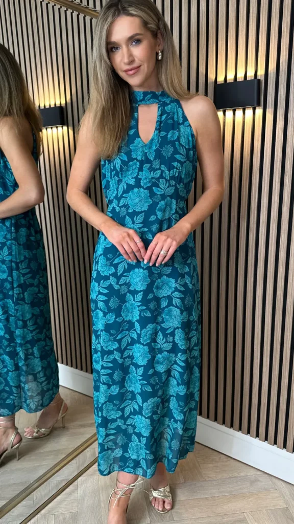 LORIANE Going Out Dresses | Occasion Dresses^Rosalie Teal Printed Halterneck Tie Detail Midi Dress