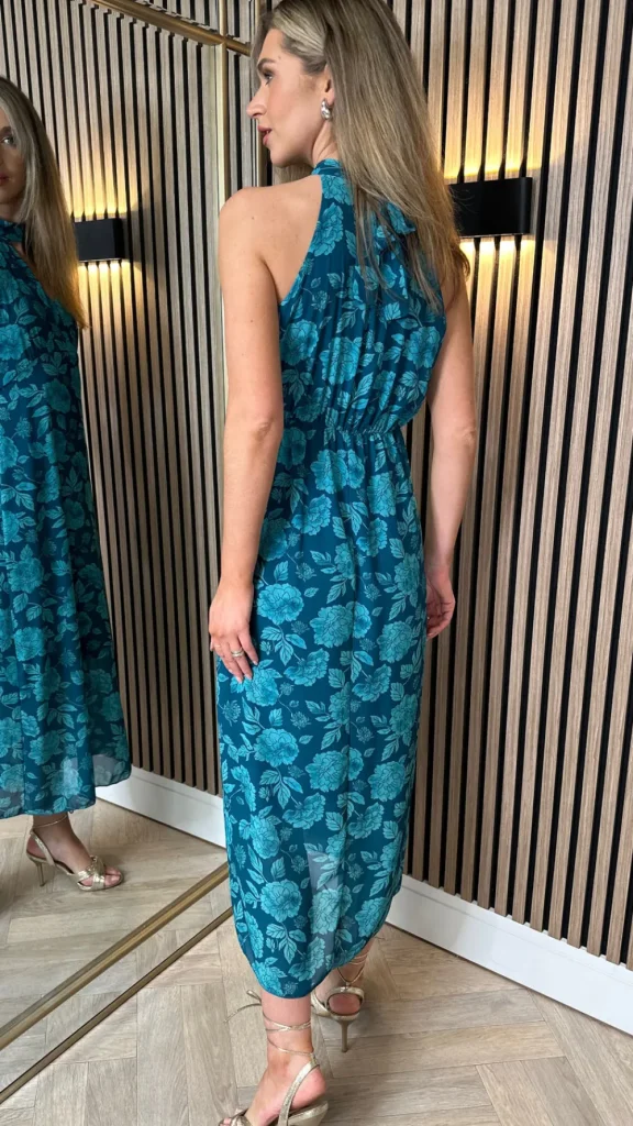 LORIANE Going Out Dresses | Occasion Dresses^Rosalie Teal Printed Halterneck Tie Detail Midi Dress