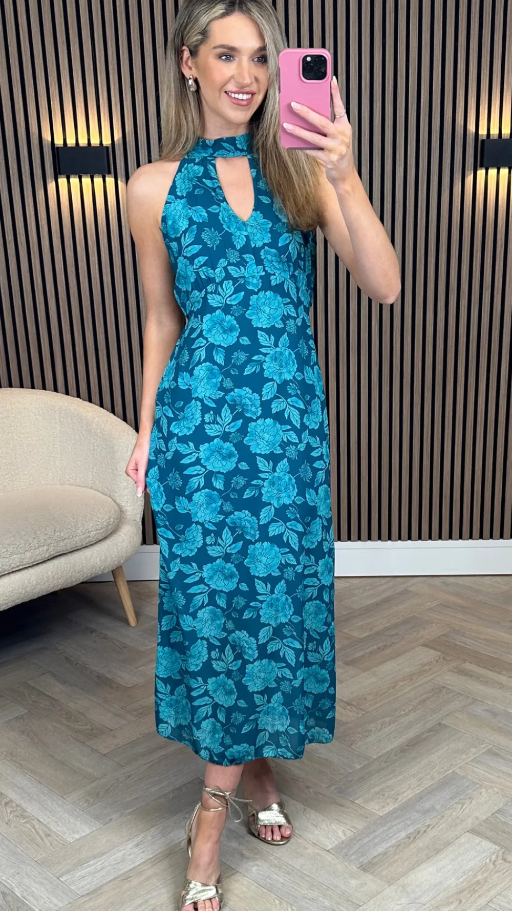 rosalie_teal_printed_halt_4.webp LORIANE Going Out Dresses | Occasion Dresses^Rosalie Teal Printed Halterneck Tie Detail Midi Dress