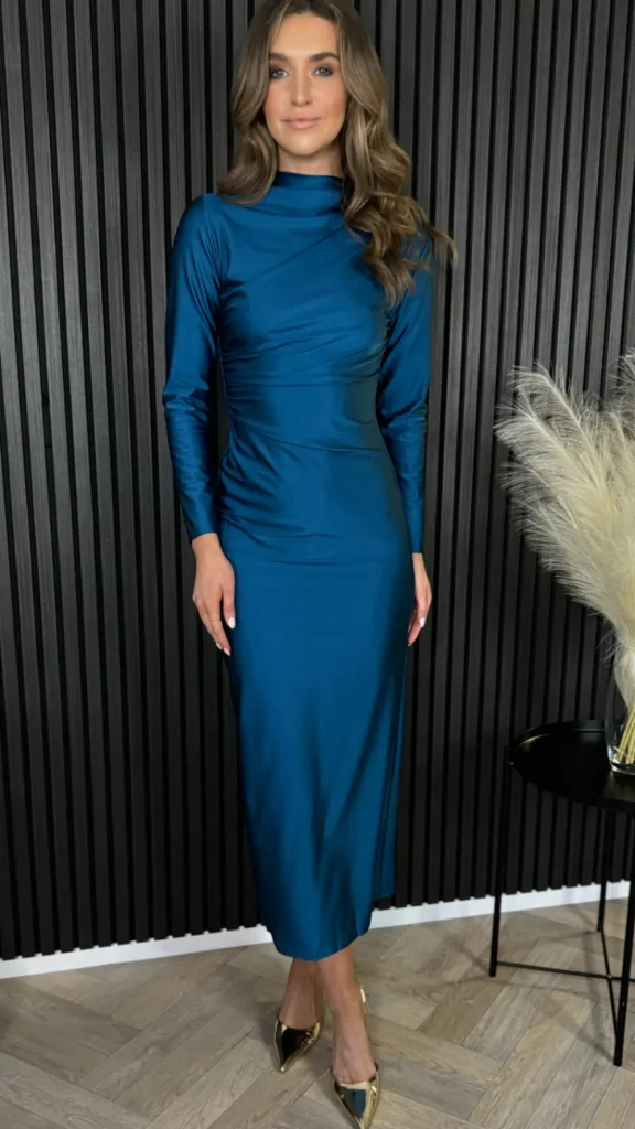 COPPEROSE Fitted Dresses | Going Out Dresses^Russell Blue High Neck Ruched Midi Dress