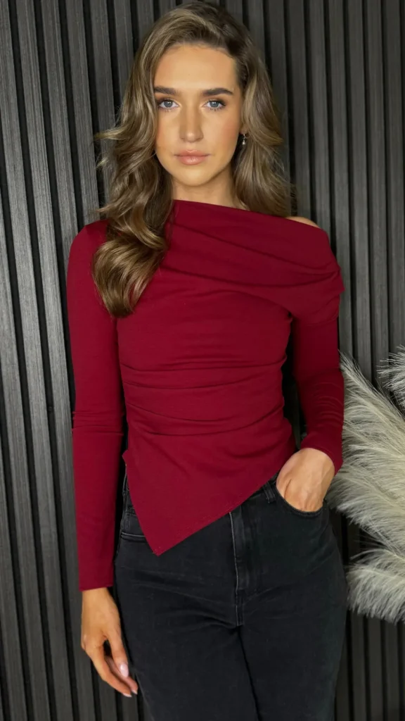 GIRL IN MIND Tops^Safiya Burgundy Asymmetric Neckline Long Sleeve Top