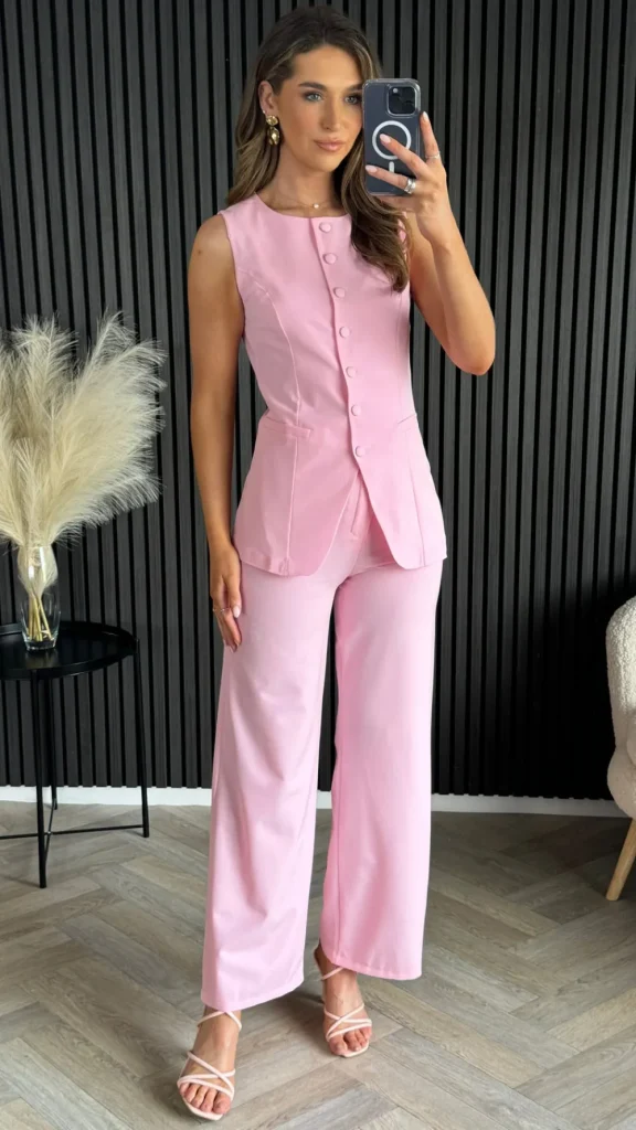 COPPEROSE Co-ords^Samantha Baby Pink Trousers & Longline Waistcoat Co Ord