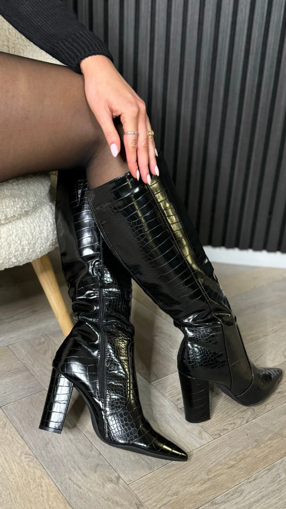 sammie_black_crocodile_ef_0.webp JM DIAMANT Heels | Boots^Sammie Black Crocodile Effect Block Heel Long Boots