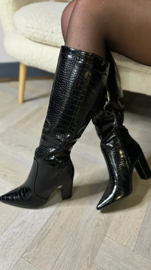 JM DIAMANT Heels | Boots^Sammie Black Crocodile Effect Block Heel Long Boots