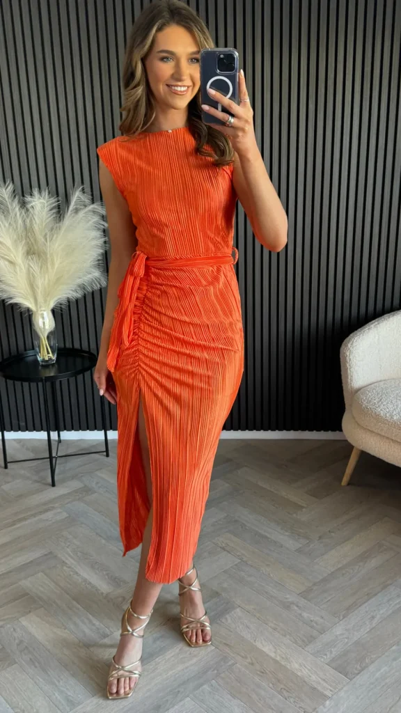 GIRL IN MIND Going Out Dresses | Occasion Dresses^Sarah Orange Ruched High Neck Midi Dress
