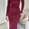 COPPEROSE Midi Dresses^Sarana Burgundy Ruched Belted Detail High Neck Midi Dress