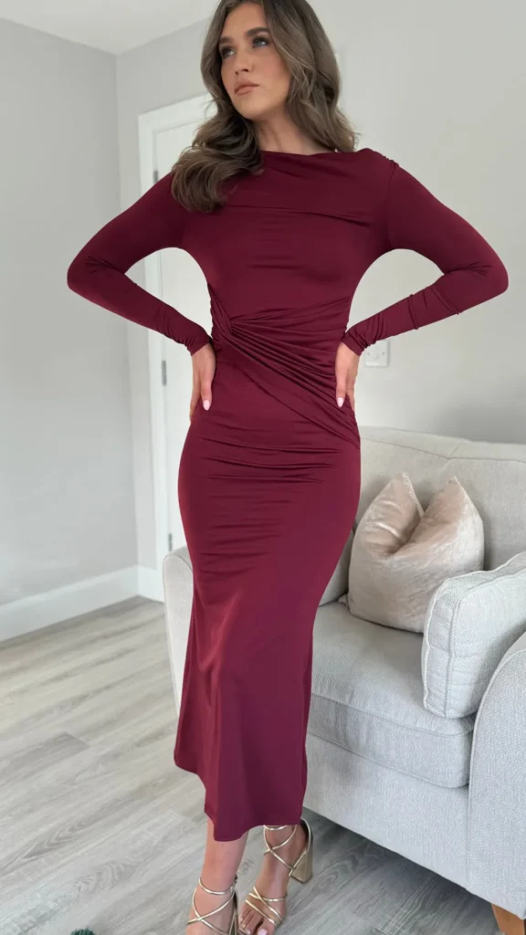 COPPEROSE Midi Dresses^Sarana Burgundy Ruched Belted Detail High Neck Midi Dress