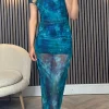 AX PARIS Going Out Dresses | Occasion Dresses^Sariah Green and Blue Printed Mesh Bodycon Midi Dress