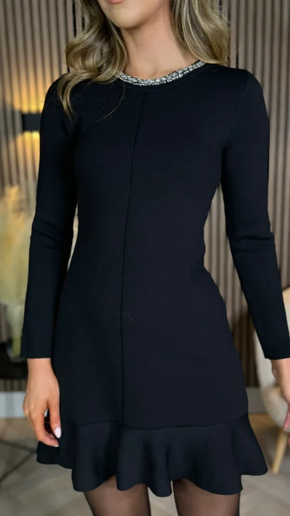 ALLYSON Knitwear | Day Dresses^Savannah Black Embellished Neck Frill Hem Knit Mini Dress