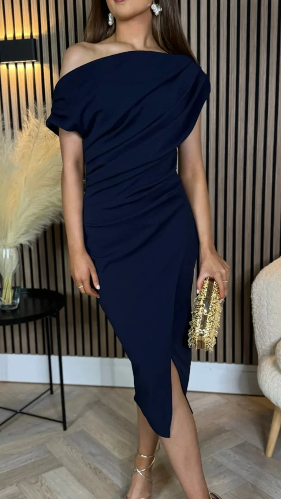 GIRL IN MIND Fitted Dresses | Going Out Dresses^Scarlett Navy Asymmetric Midi Dress