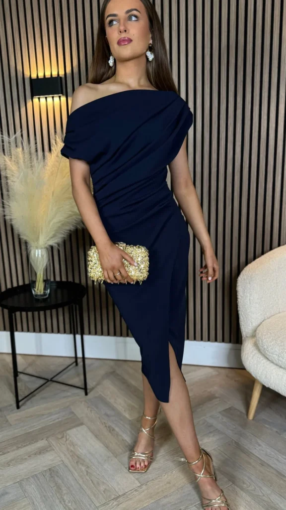 GIRL IN MIND Fitted Dresses | Going Out Dresses^Scarlett Navy Asymmetric Midi Dress