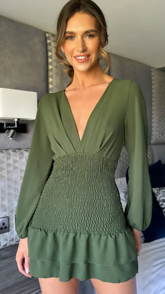 LORIANE Going Out Dresses | Occasion Dresses^Seline Green V Neckline Fitted Frill Detail Mini Dress