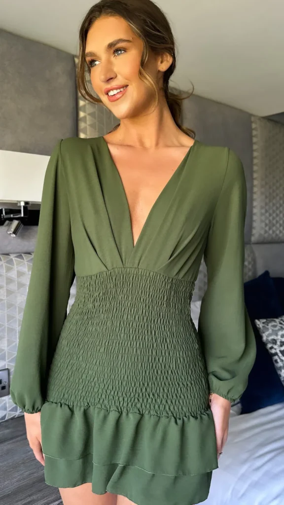 LORIANE Going Out Dresses | Occasion Dresses^Seline Green V Neckline Fitted Frill Detail Mini Dress