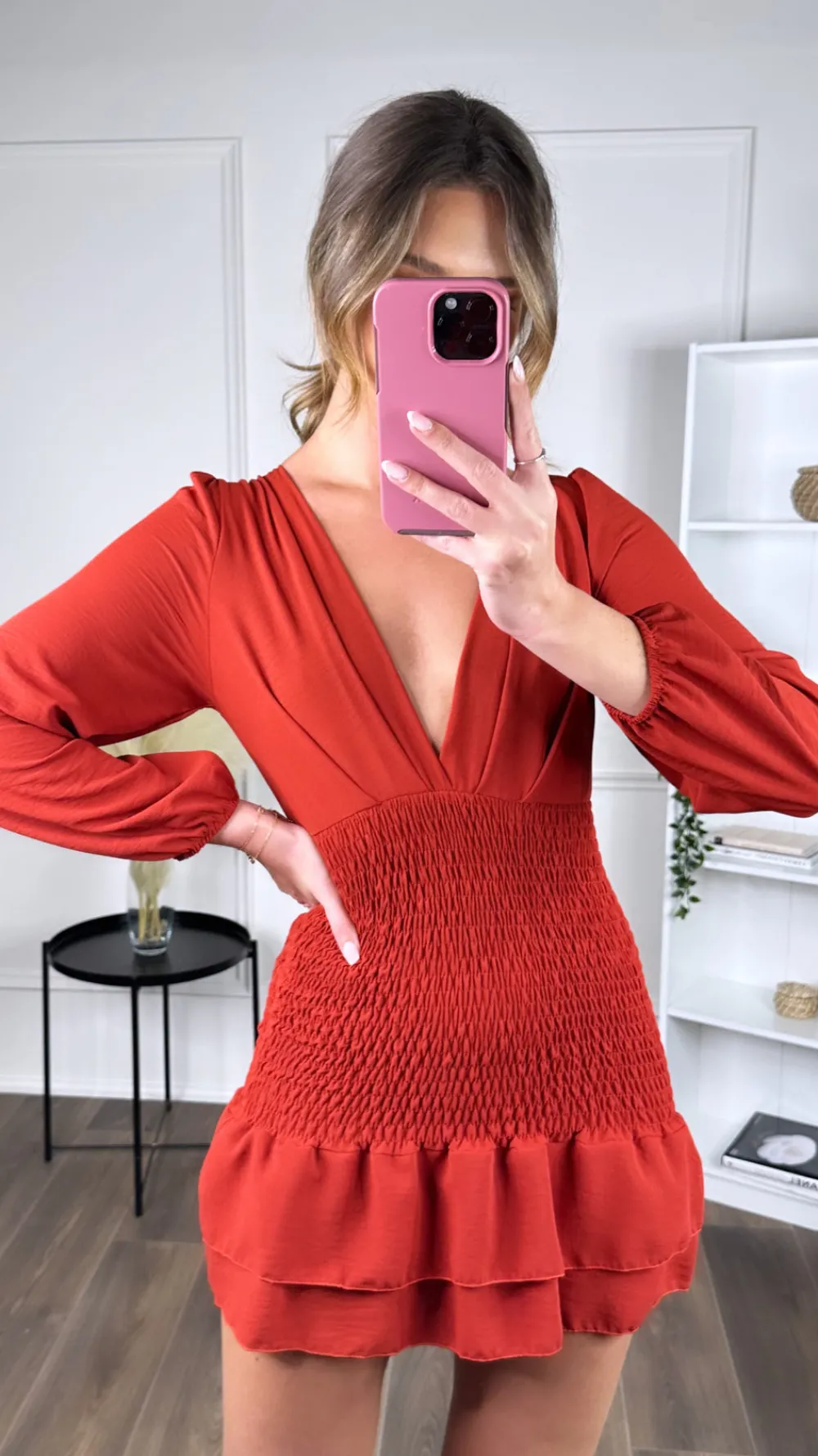 seline_rust_v_neckline_fi_0.webp LORIANE Going Out Dresses | Occasion Dresses^Seline Rust V Neckline Fitted Frill Detail Mini Dress