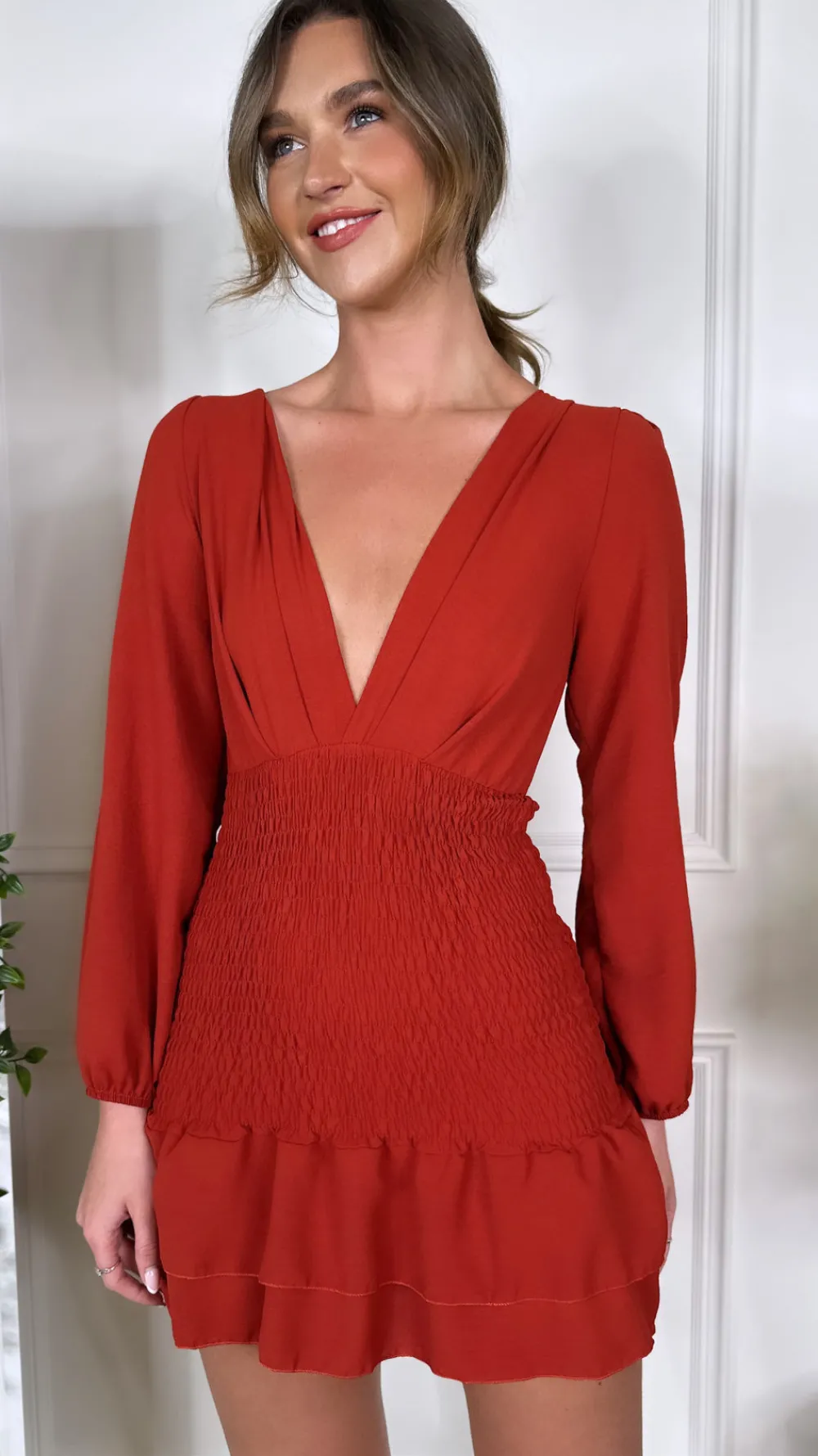 seline_rust_v_neckline_fi_1.webp LORIANE Going Out Dresses | Occasion Dresses^Seline Rust V Neckline Fitted Frill Detail Mini Dress