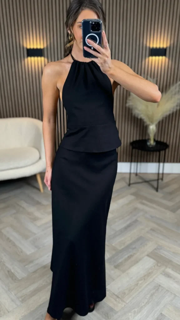 COPPEROSE Co-ords^Seraphina Black Midi Skirt & Halterneck Top Co Ord