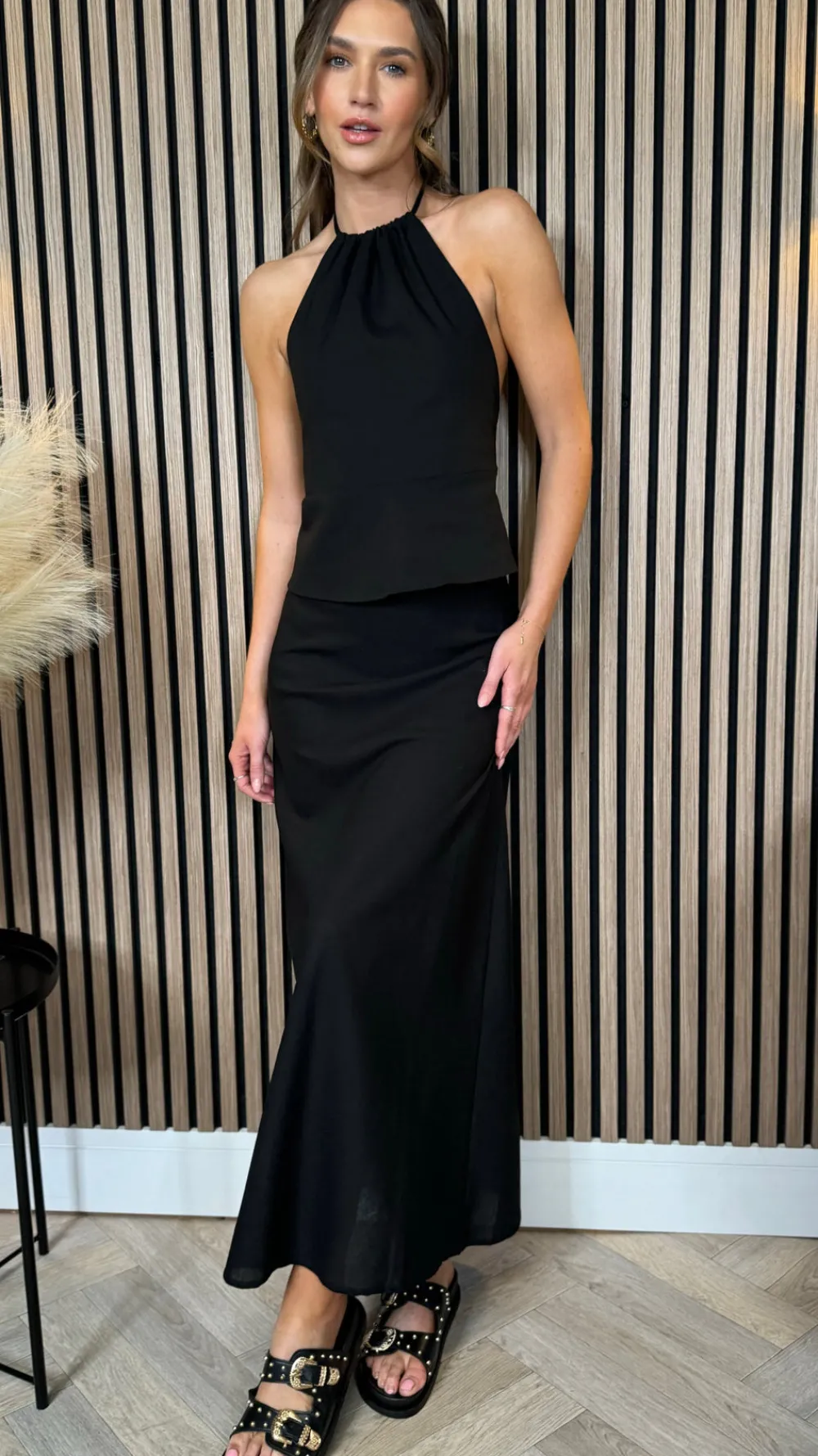 seraphina_black_midi_skir_3.webp COPPEROSE Co-ords^Seraphina Black Midi Skirt & Halterneck Top Co Ord
