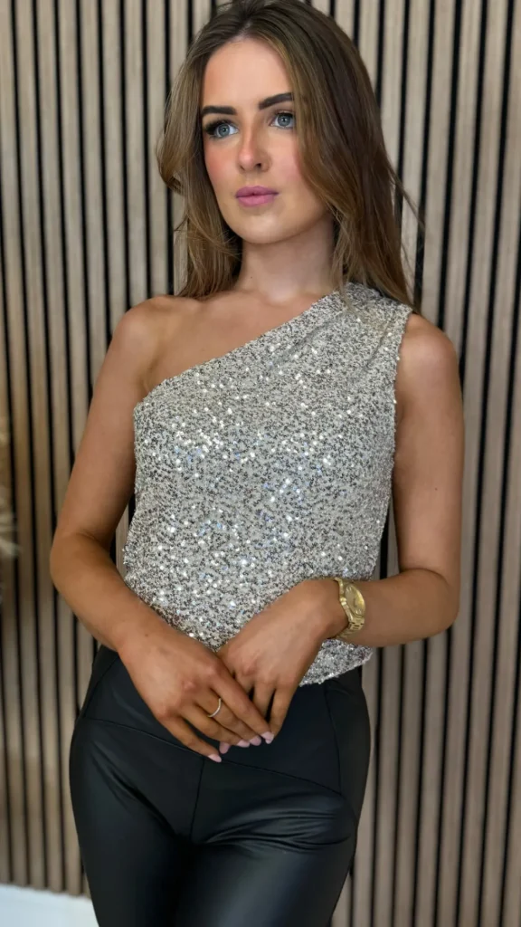 LUCCE Tops^Serena Gold Sequin One Shoulder Top