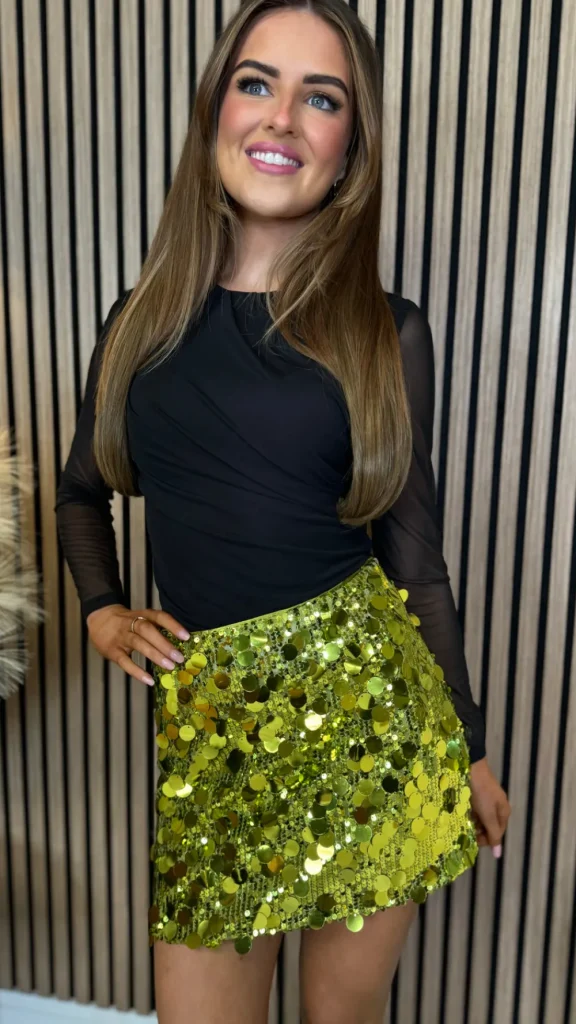 BABEZ LONDON Skirts & Shorts^Shaina Olive Green Sequin Disc Mini Skirt