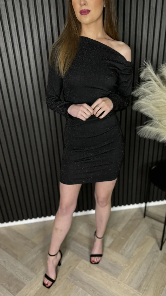BABEZ LONDON Going Out Dresses | Mini Dresses^Shannon Black Sparkle Lurex Oblique Neck Mini Dress