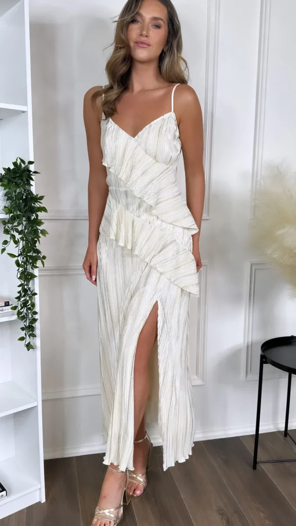 GIRL IN MIND Going Out Dresses | Occasion Dresses^Shelby Cream & Gold Strappy Frill Detail Maxi dress