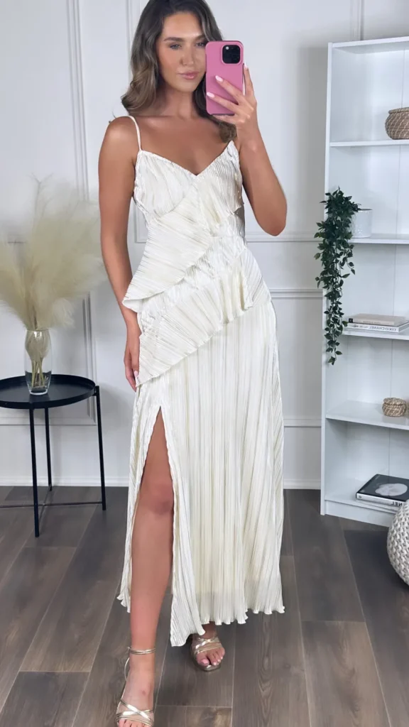 GIRL IN MIND Going Out Dresses | Occasion Dresses^Shelby Cream & Gold Strappy Frill Detail Maxi dress