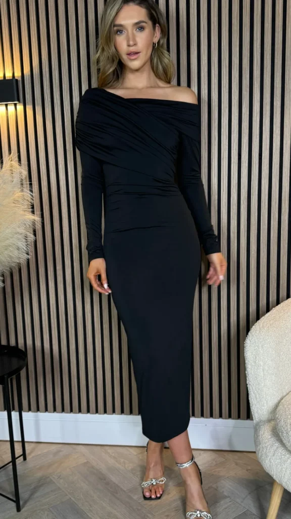 COPPEROSE Going Out Dresses | Occasion Dresses^Sheridan Black Off Shoulder Wrap Effect Midi Dress