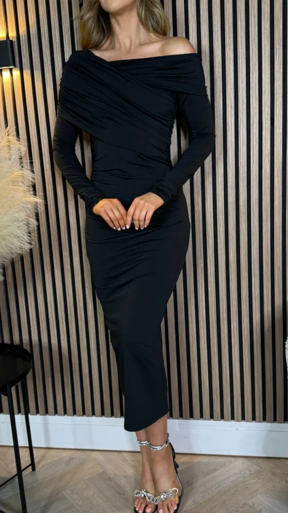 COPPEROSE Going Out Dresses | Occasion Dresses^Sheridan Black Off Shoulder Wrap Effect Midi Dress