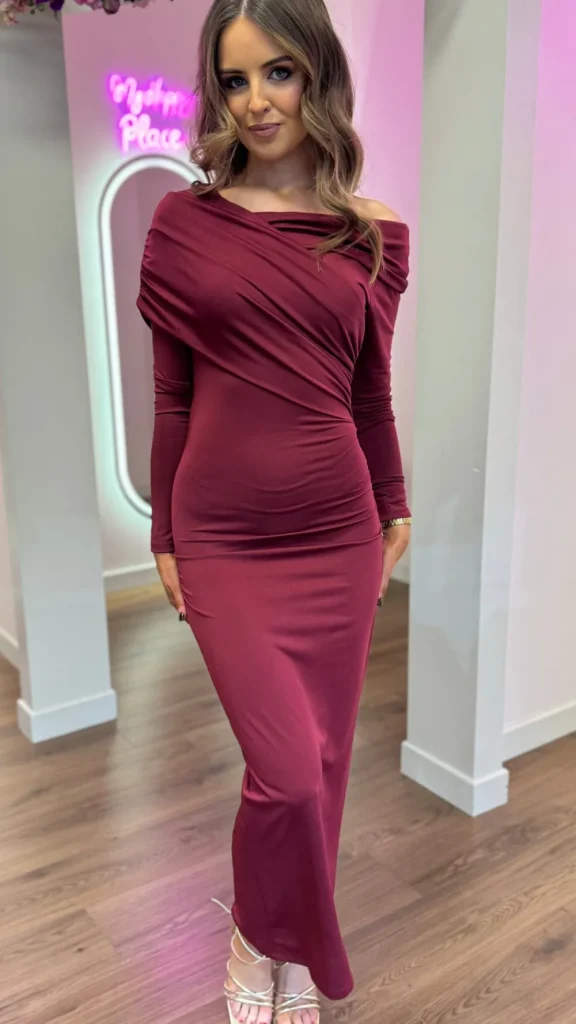 COPPEROSE Occasion Dresses | Midi Dresses^Sheridan Burgundy Off Shoulder Wrap Effect Midi Dress