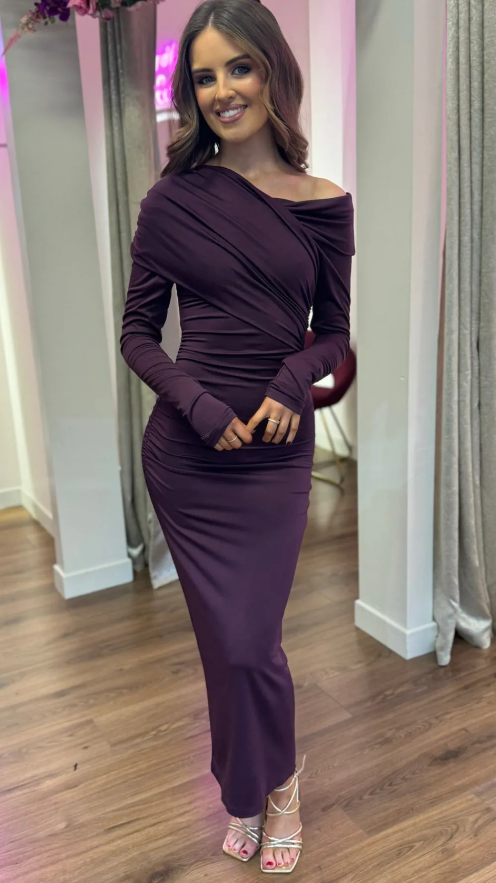 sheridan_purple_off_shoul_0.webp COPPEROSE Going Out Dresses | Occasion Dresses^Sheridan Purple Off Shoulder Wrap Effect Midi Dress
