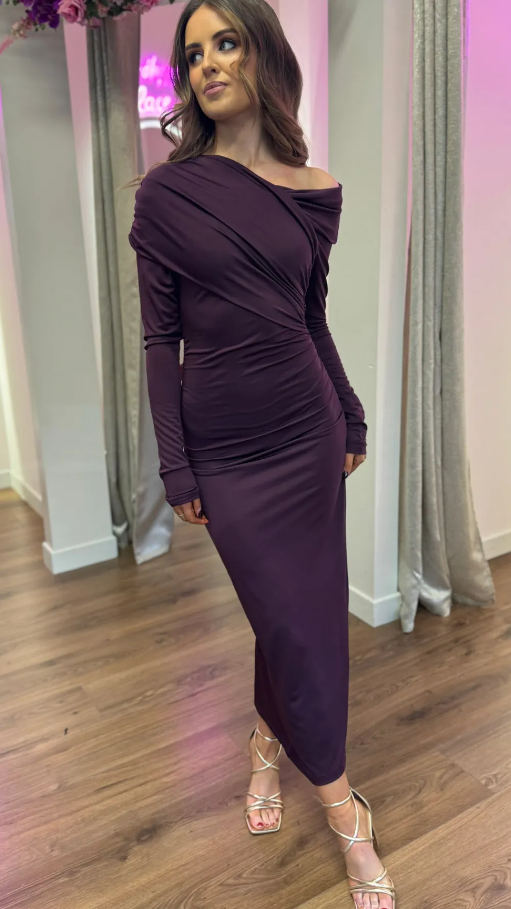sheridan_purple_off_shoul_1.webp COPPEROSE Going Out Dresses | Occasion Dresses^Sheridan Purple Off Shoulder Wrap Effect Midi Dress