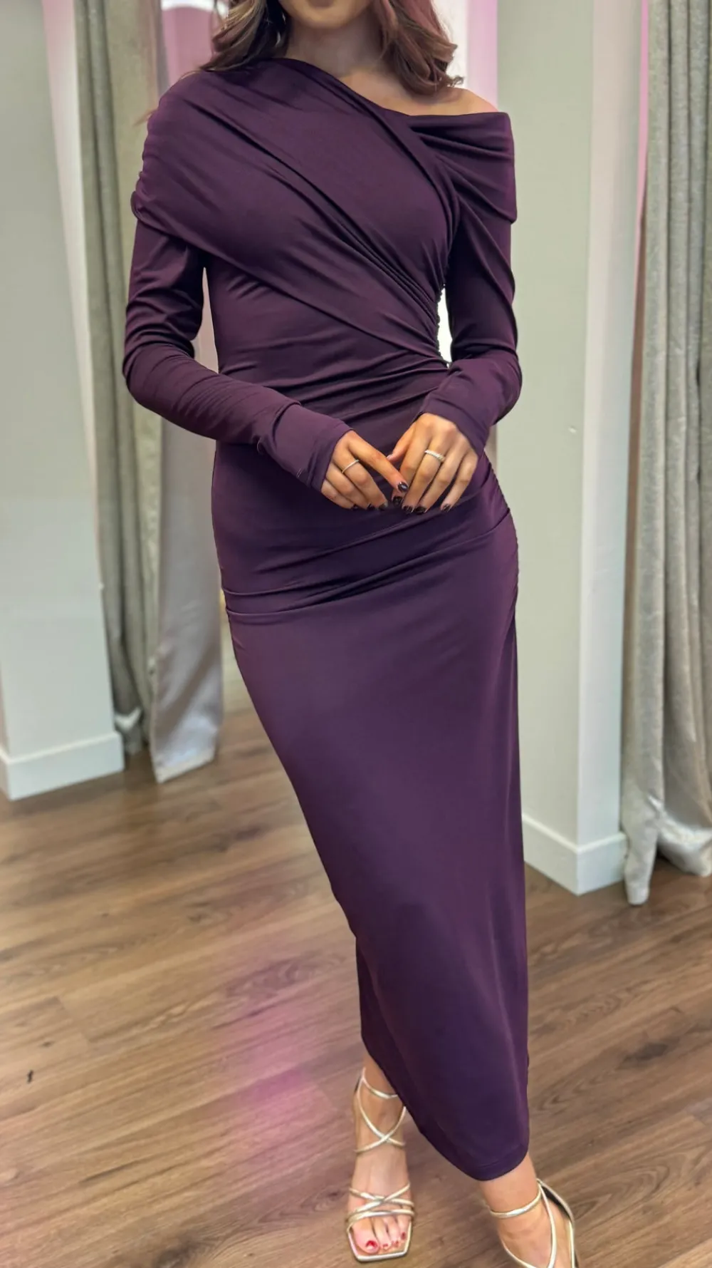 sheridan_purple_off_shoul_2.webp COPPEROSE Going Out Dresses | Occasion Dresses^Sheridan Purple Off Shoulder Wrap Effect Midi Dress