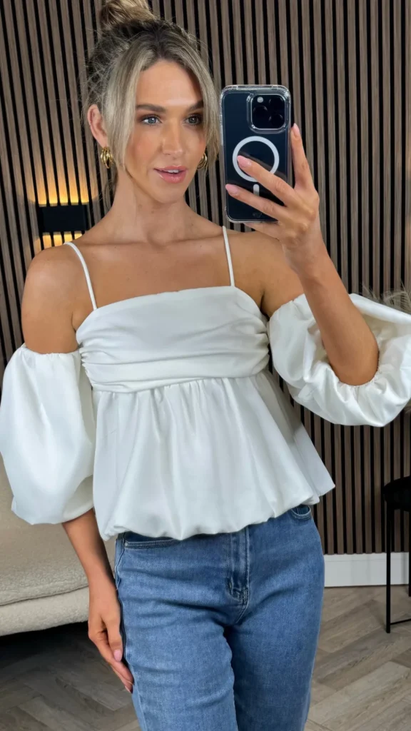 LUCCE Tops^Shiran White Cami Strap Peplum Style Top