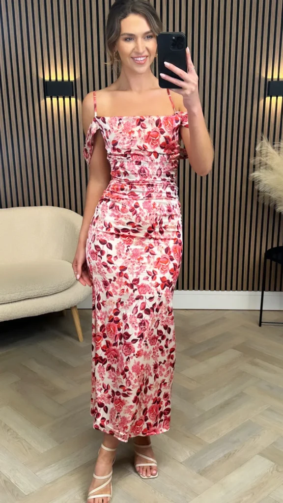 GIRL IN MIND Going Out Dresses | Occasion Dresses^Shirley Red Printed Ruched Cami Strap Midi Dress