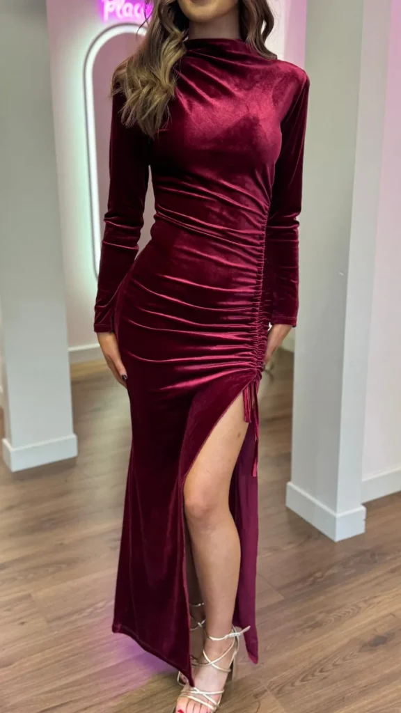 COPPEROSE Going Out Dresses | Occasion Dresses^Sibyl Burgundy High Neck Velvet Ruched Tie Detail Midi Dress