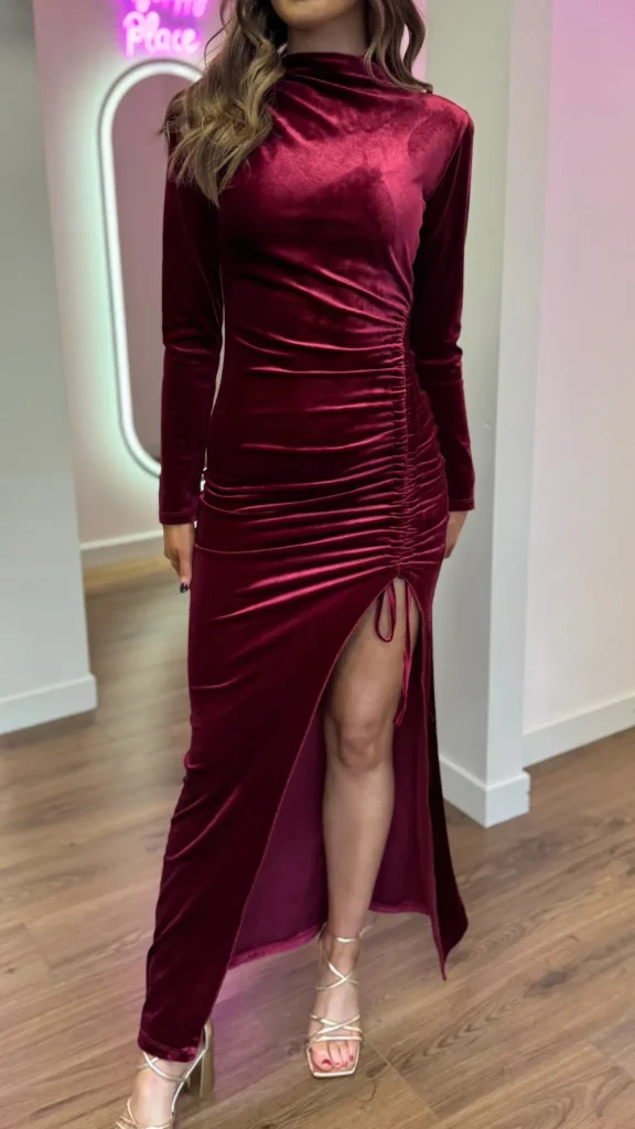 COPPEROSE Going Out Dresses | Occasion Dresses^Sibyl Burgundy High Neck Velvet Ruched Tie Detail Midi Dress
