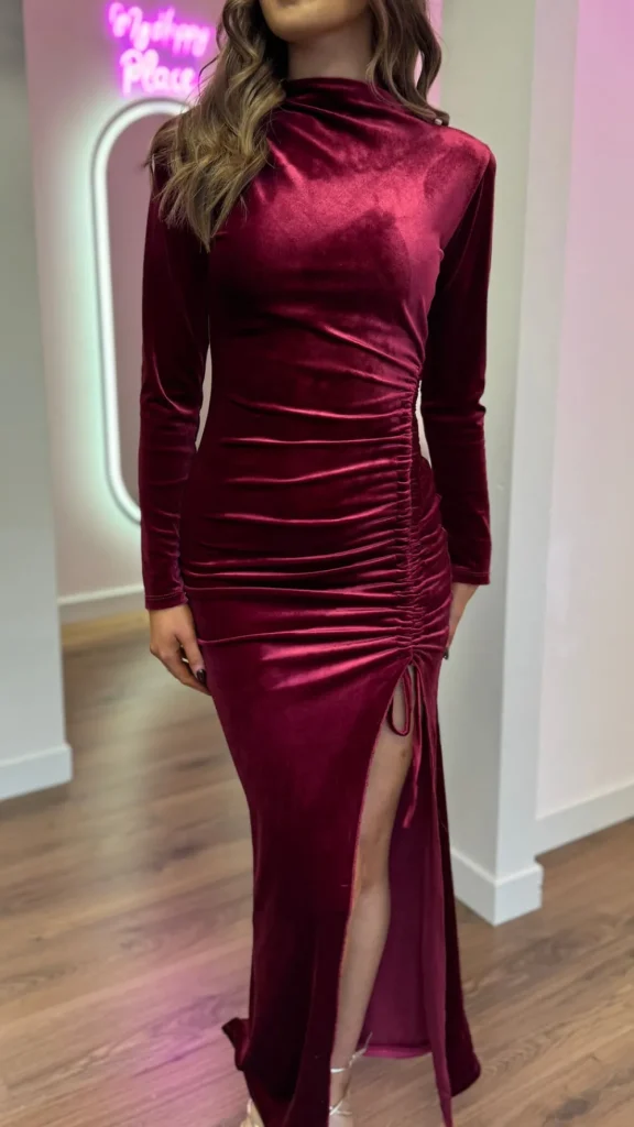 COPPEROSE Going Out Dresses | Occasion Dresses^Sibyl Burgundy High Neck Velvet Ruched Tie Detail Midi Dress
