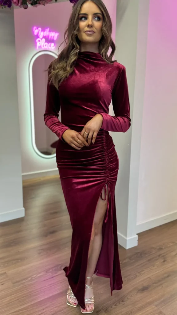 COPPEROSE Going Out Dresses | Occasion Dresses^Sibyl Burgundy High Neck Velvet Ruched Tie Detail Midi Dress