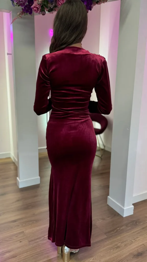 COPPEROSE Going Out Dresses | Occasion Dresses^Sibyl Burgundy High Neck Velvet Ruched Tie Detail Midi Dress