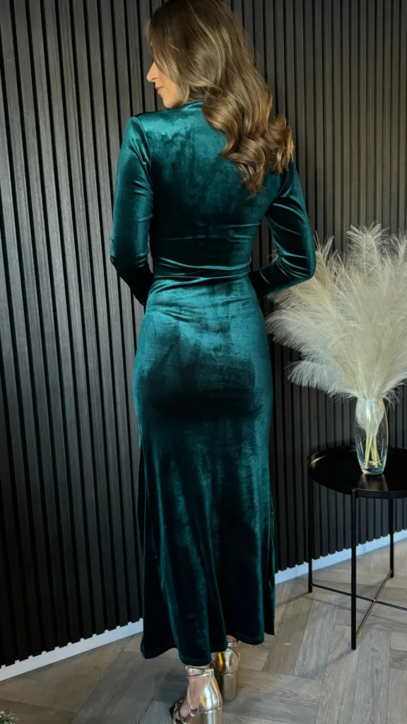 COPPEROSE Going Out Dresses | Occasion Dresses^Sibyl Forest Green High Neck Velvet Ruched Tie Detail Midi Dress