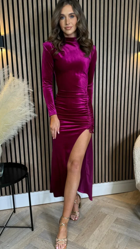 COPPEROSE Going Out Dresses | Occasion Dresses^Sibyl Fuchsia High Neck Velvet Ruched Tie Detail Midi Dress