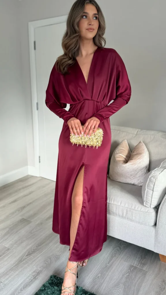 COPPEROSE Fitted Dresses | Going Out Dresses^Sienna Burgundy V Neck Midi Dress