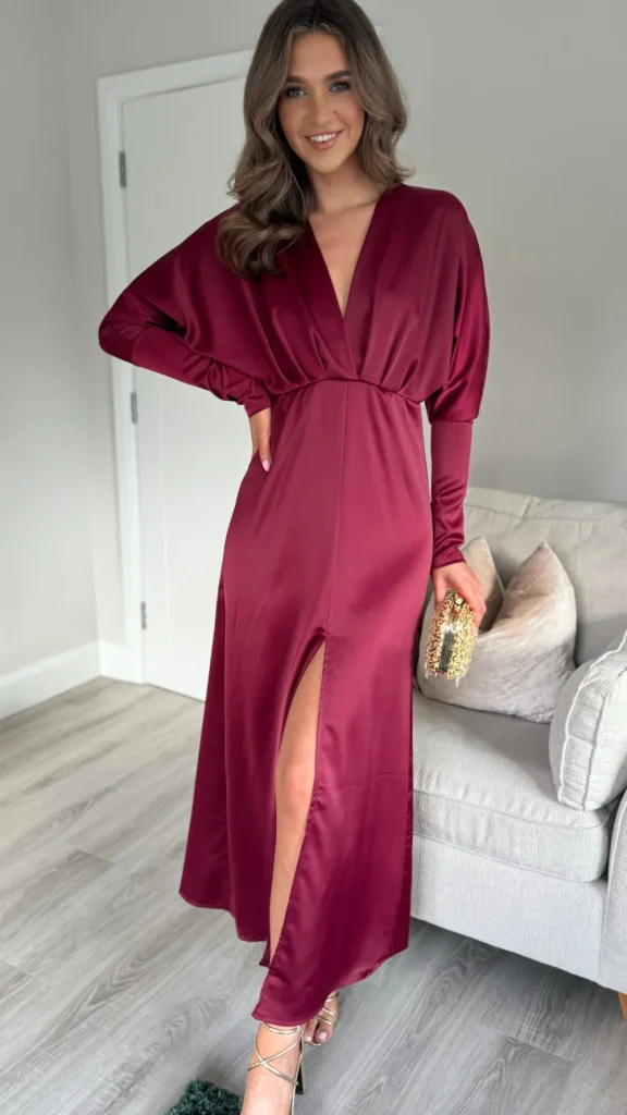 COPPEROSE Fitted Dresses | Going Out Dresses^Sienna Burgundy V Neck Midi Dress